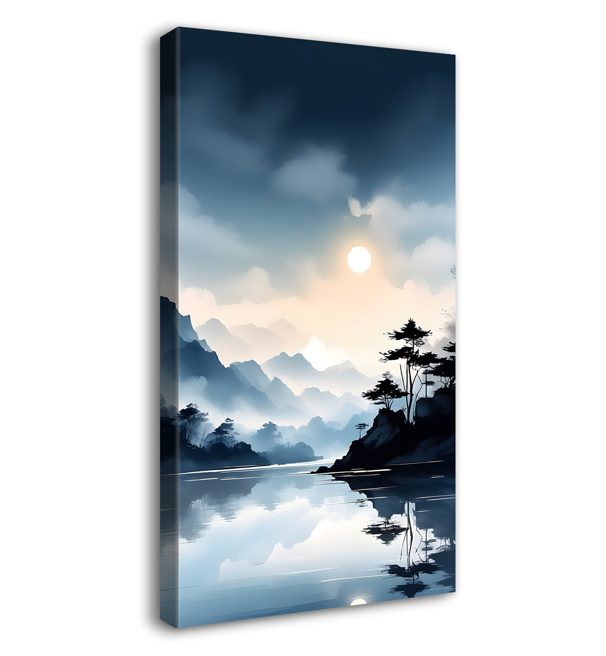 Mountains with river in cloudy sky in textured water colour painting Canvas Painting - Nature Art -V-105