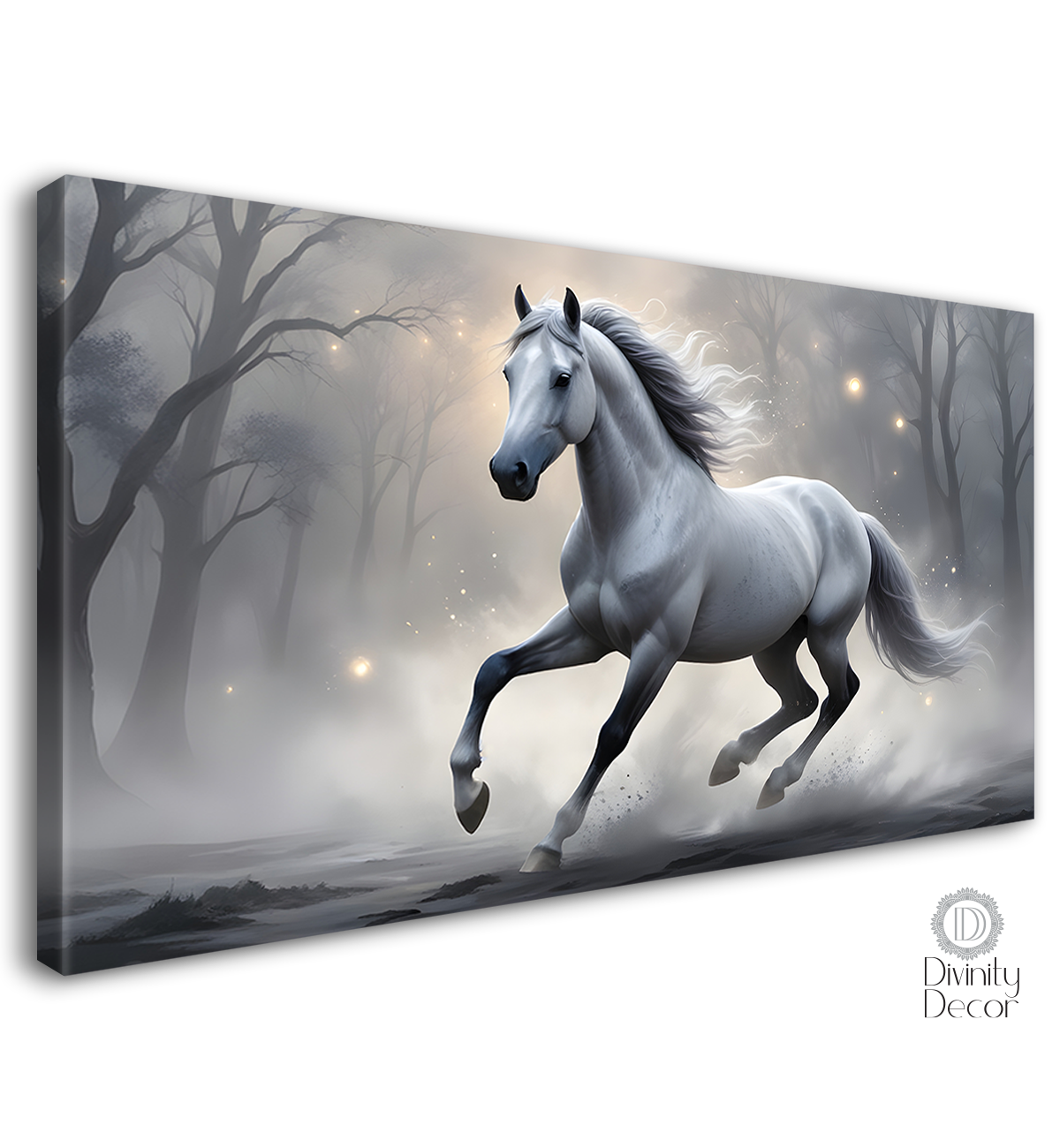 White running horse with trees and white textured background art Canvas Painting - Design - Horse-105