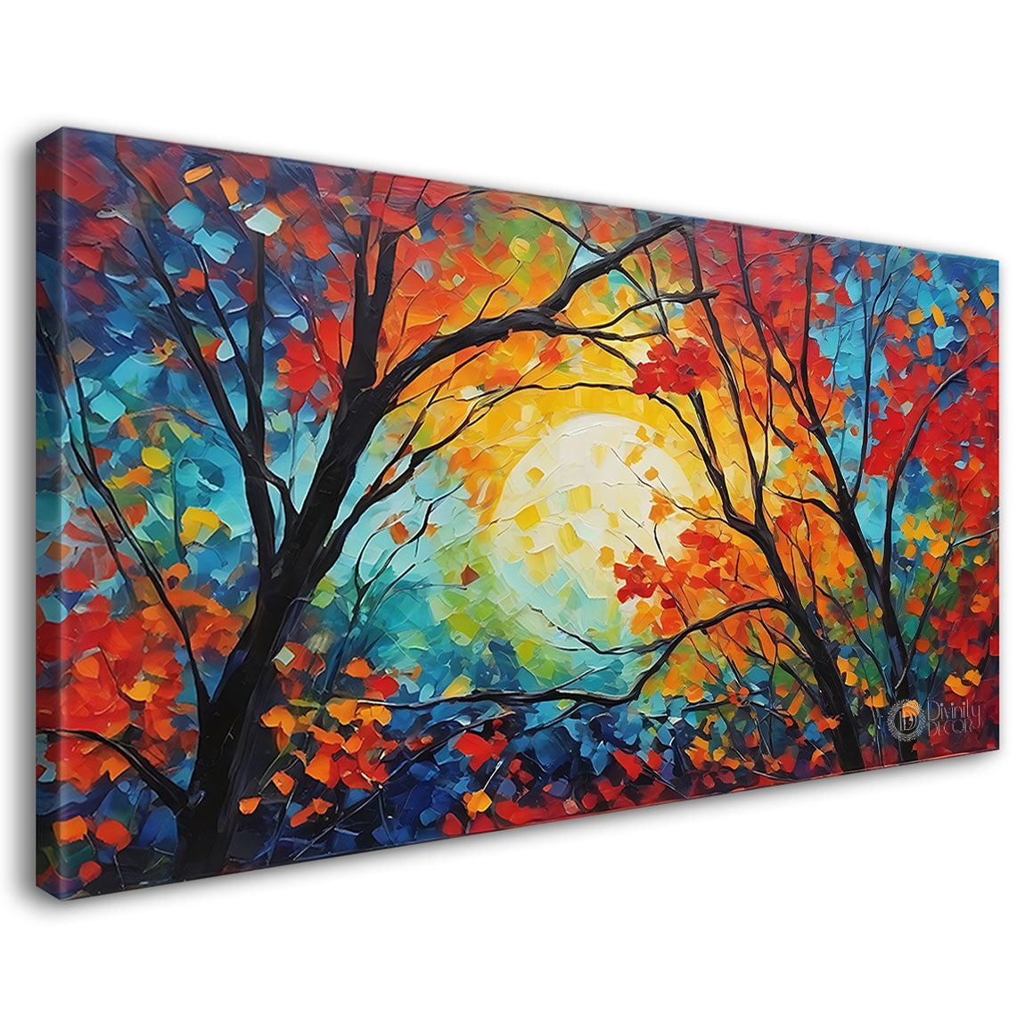 Colorful trees with sun in textured painting Canvas Painting - Nature Art -105
