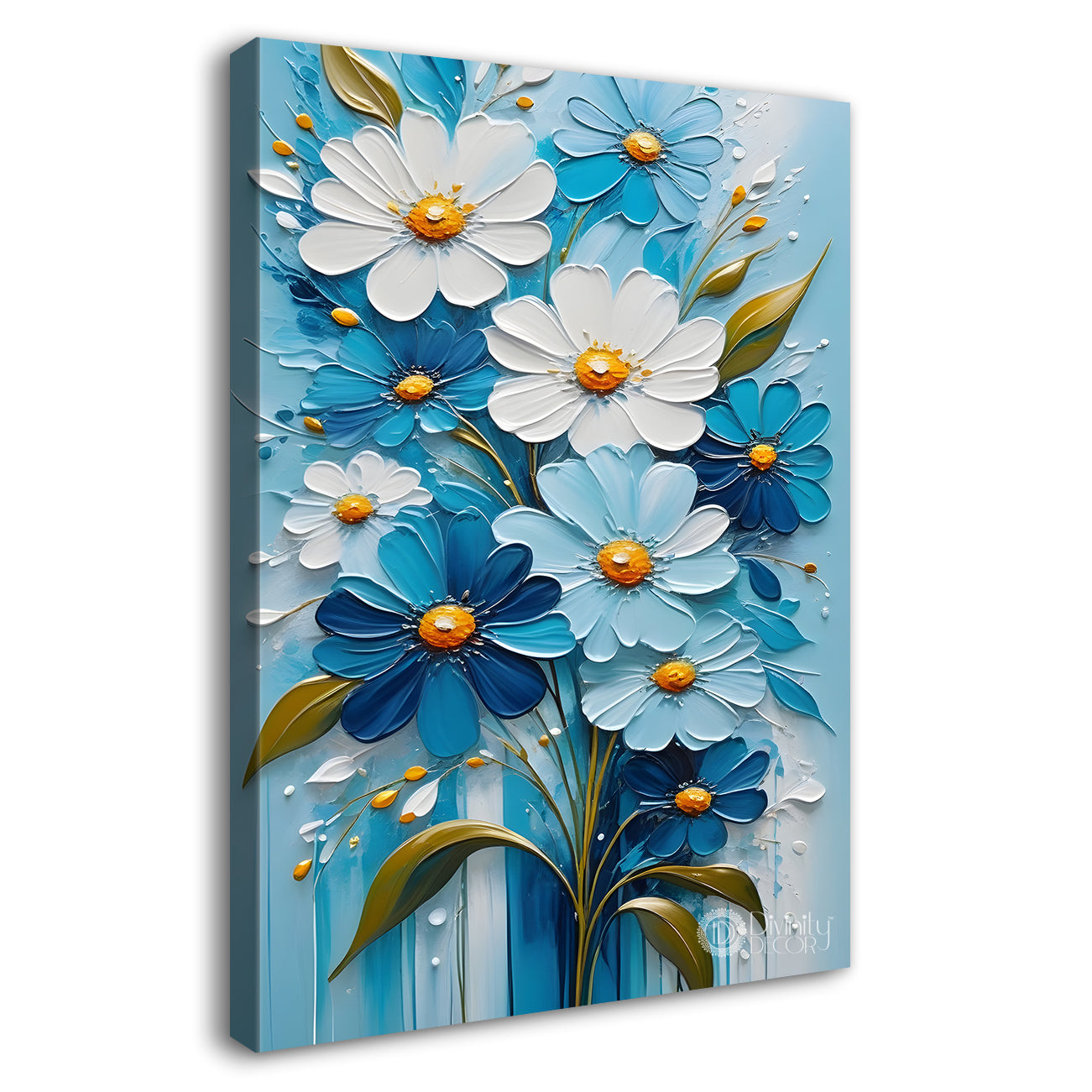 White flowers in sky blue textured background painting- Flower-V-105