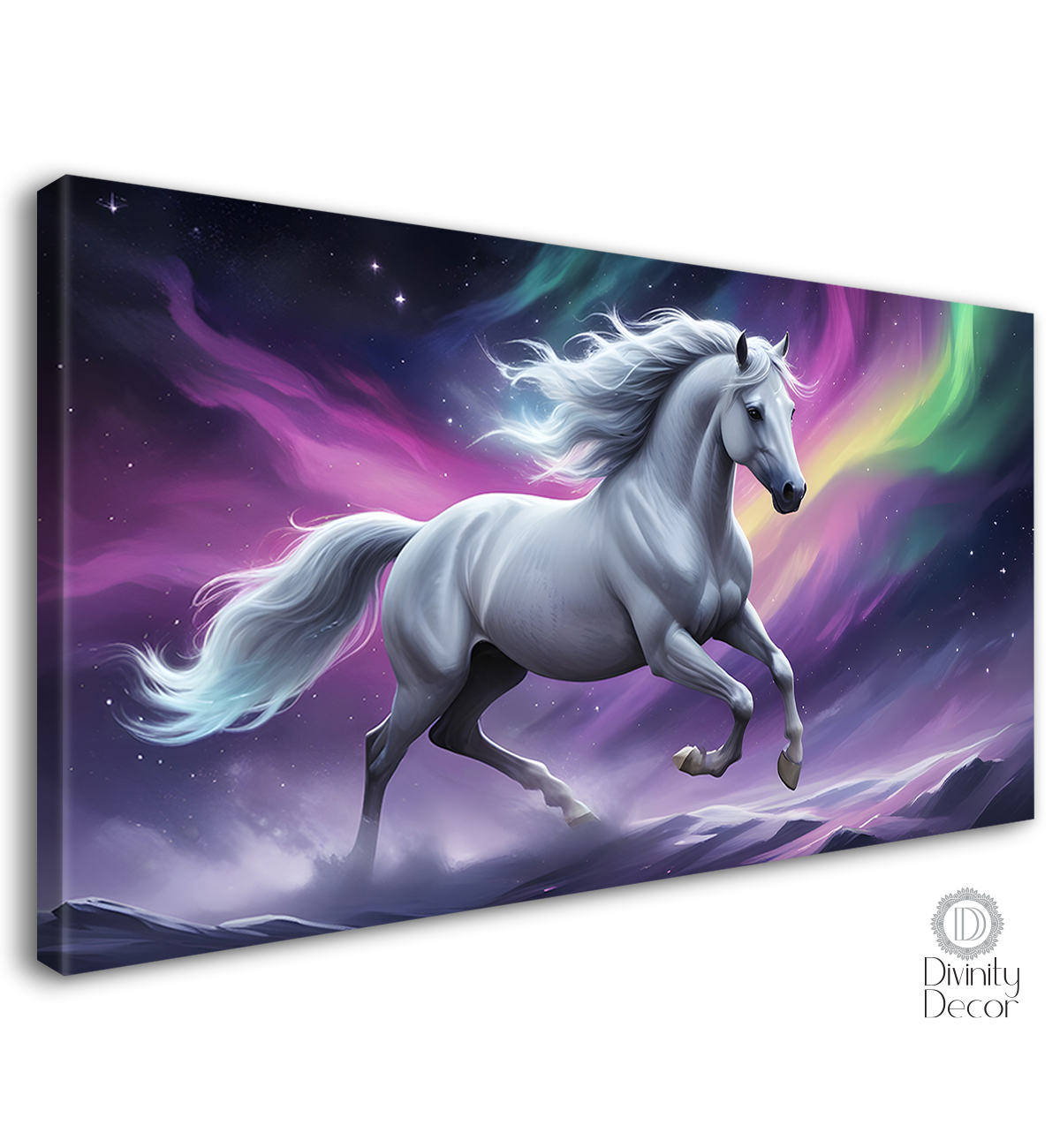 White running horse with purple and green rays textured background art Canvas Painting - Design - Horse-106