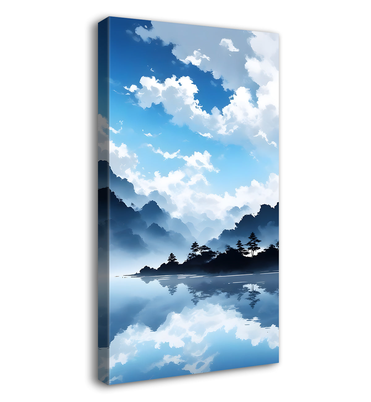 Mountains with river in cloudy sky in textured water colour painting Canvas Painting - Nature Art -V-106