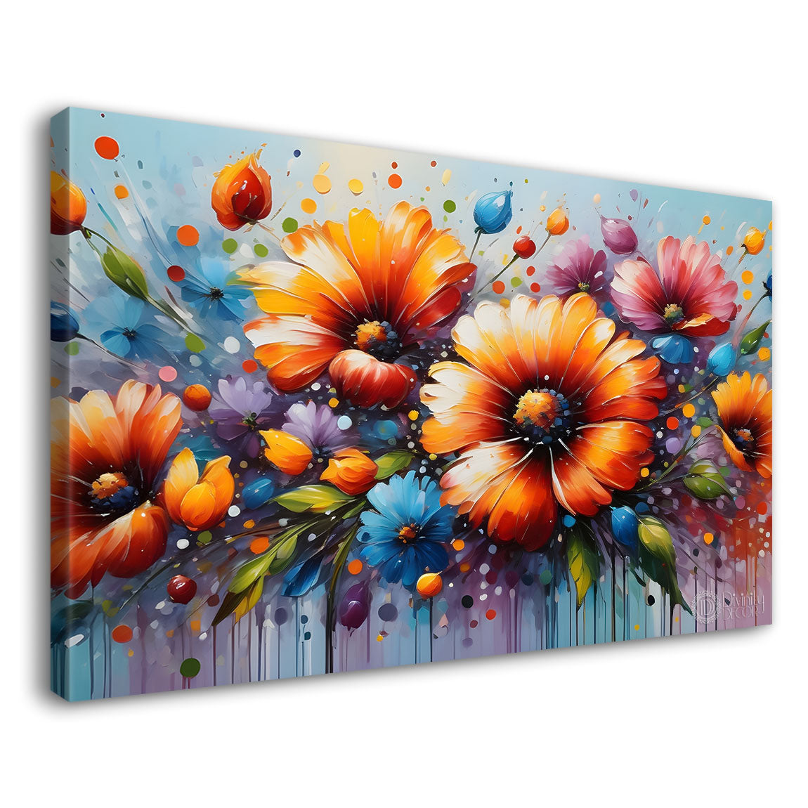 Colorful flowers with blue textured background painting- Design - Flower-106