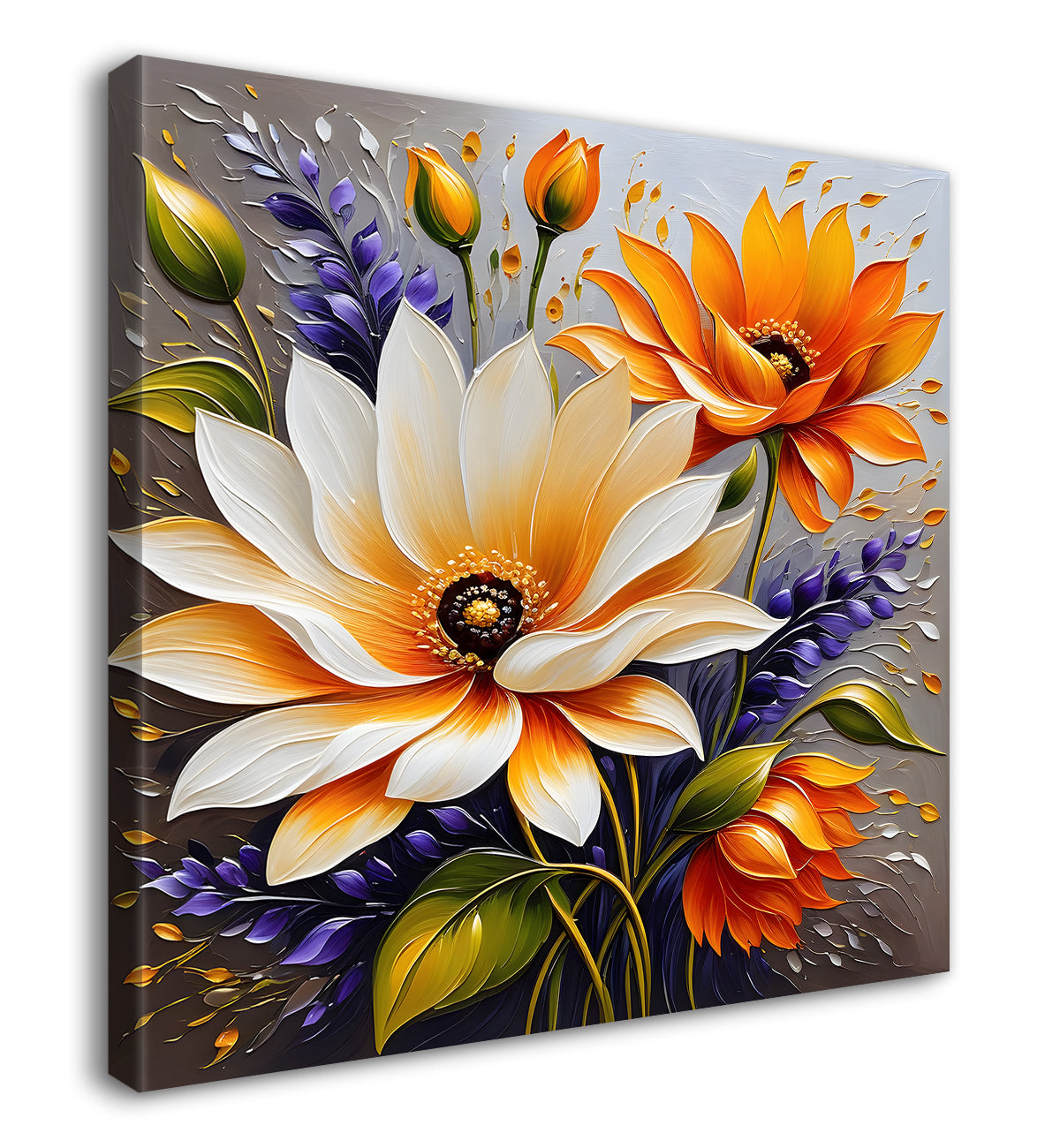 Orange and white flowers in light brown textured painting - Flower-S-106