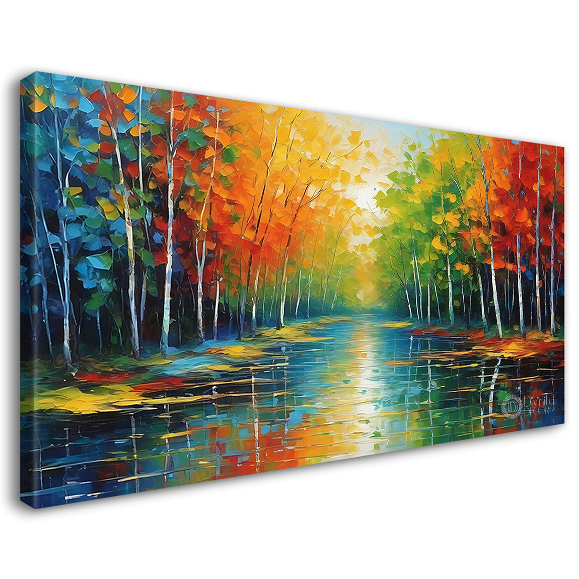 Colorful trees with river in textured painting Canvas Painting - Nature Art -106