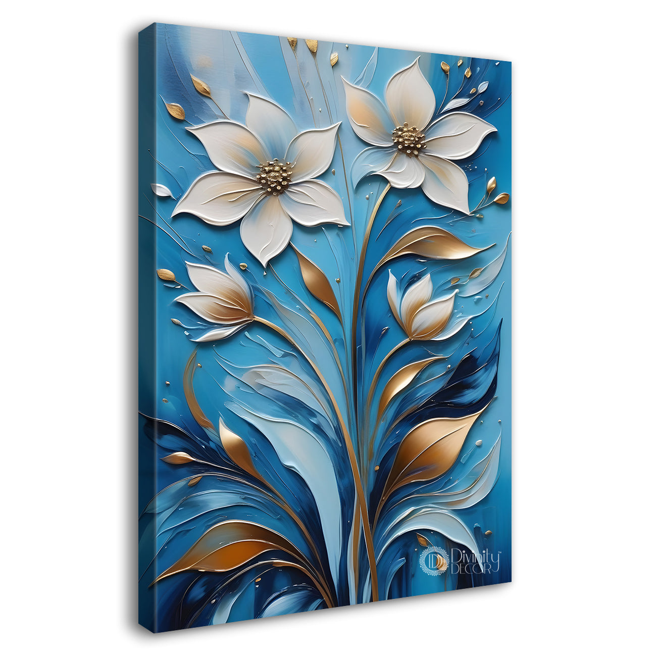 White flowers in sky blue textured background painting- Flower-V-106