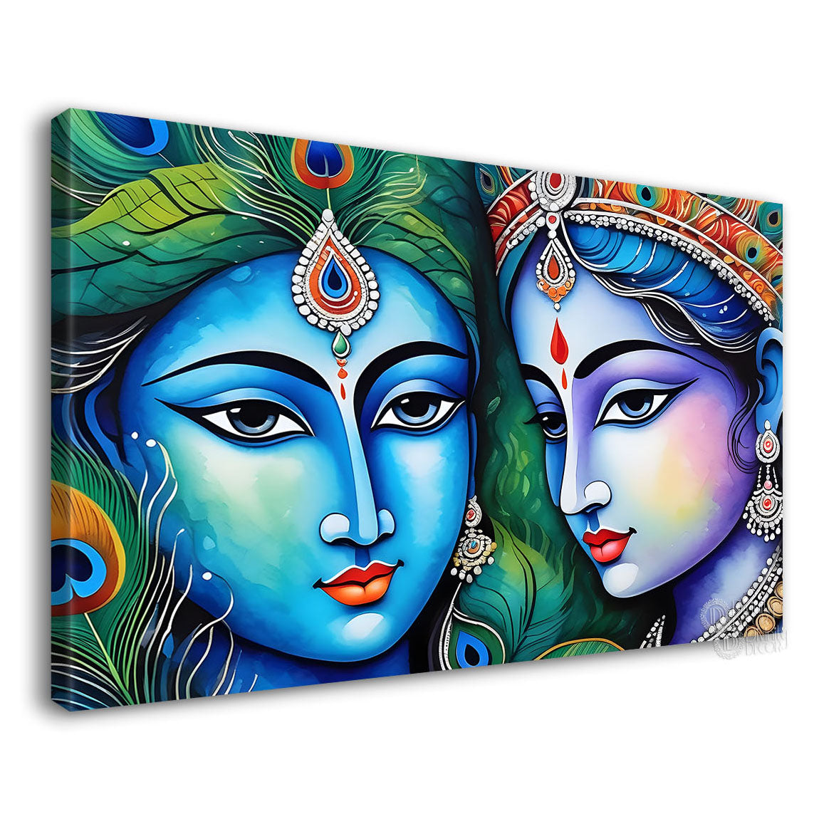 Blue face of Krishna and Radha with peacock feathers painting Canvas Painting - Design - Krishna-107