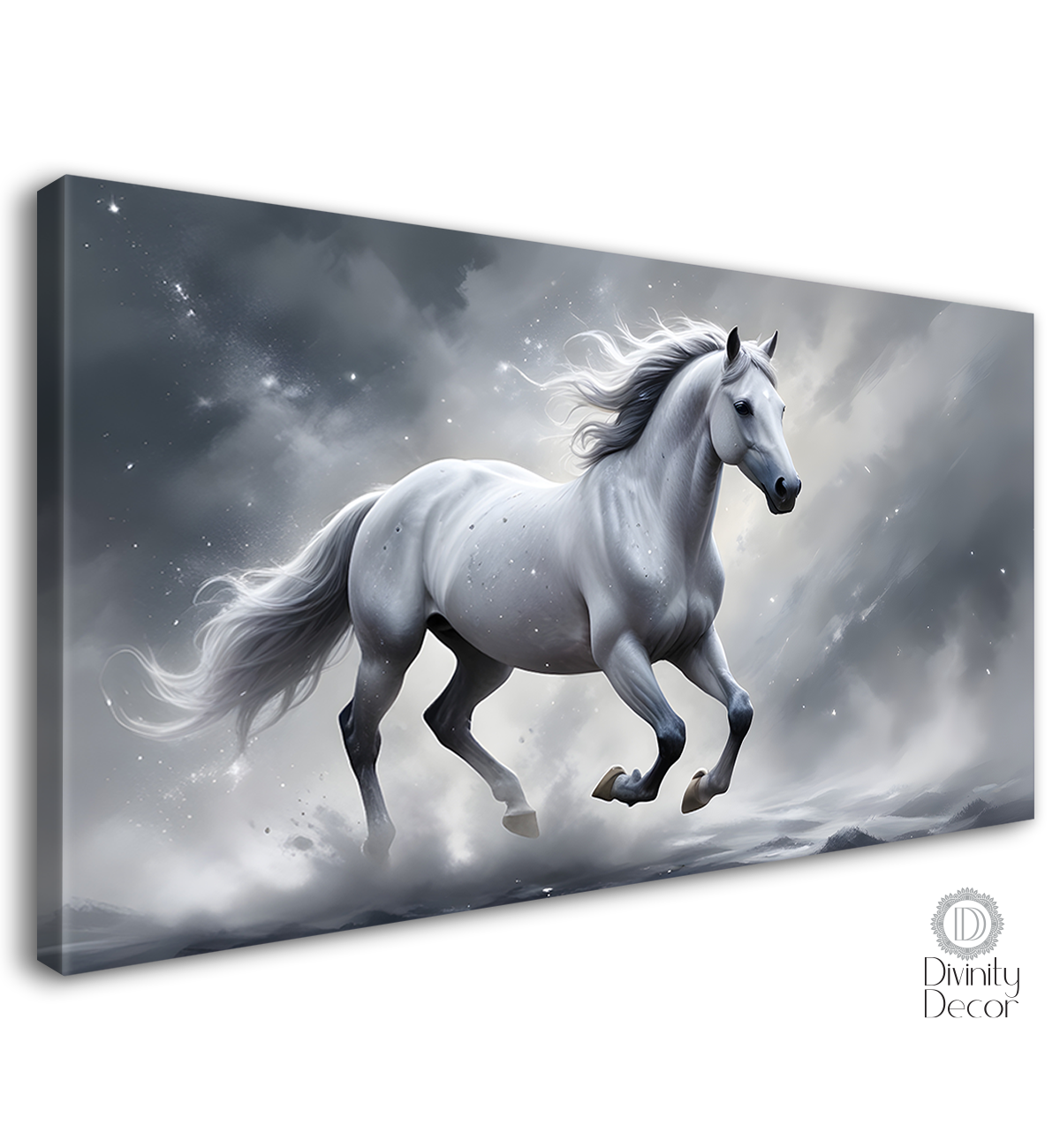 White running horse with grey textured background art Canvas Painting - Design - Horse-107