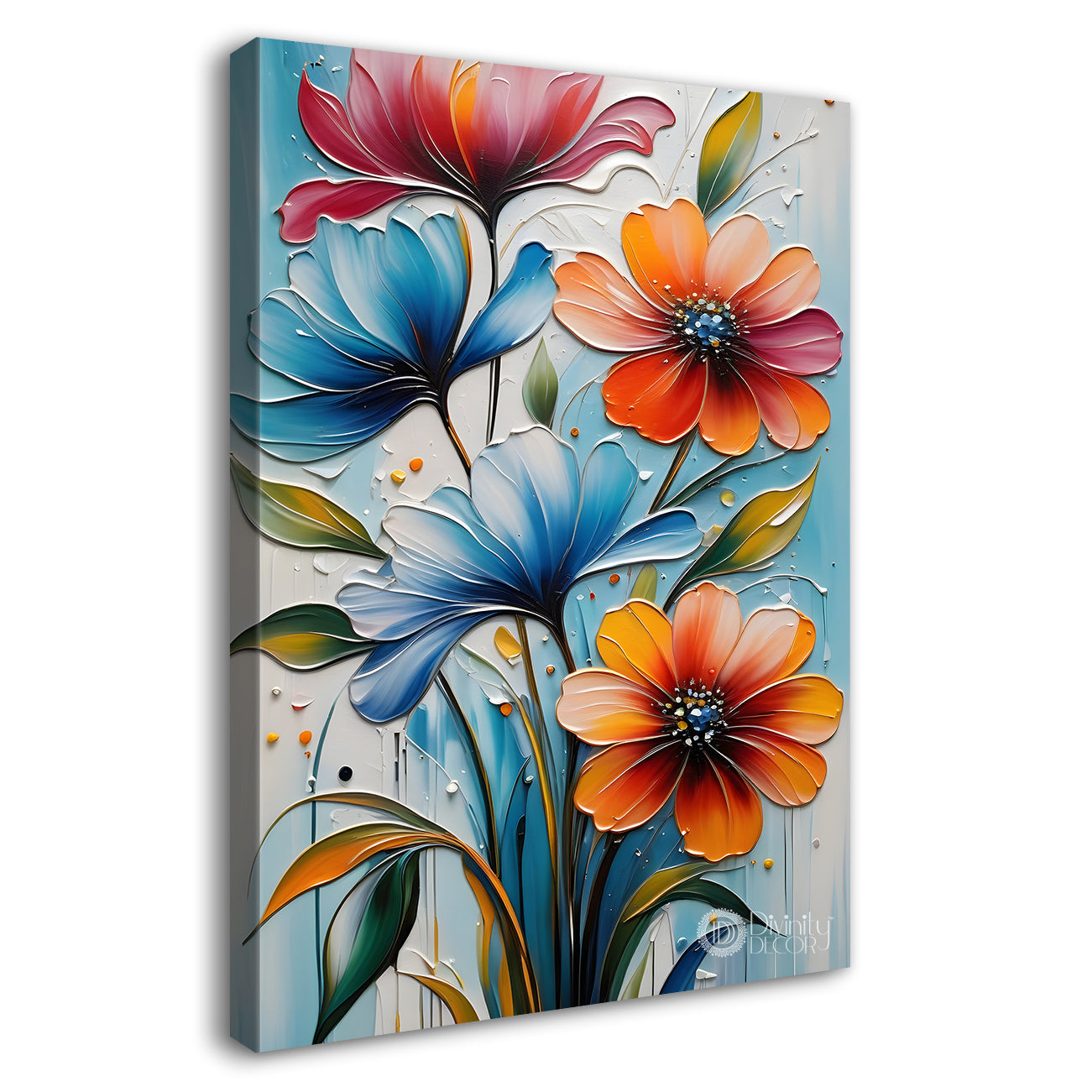 Orange and blue flowers in sky blue textured background painting- Flower-V-107