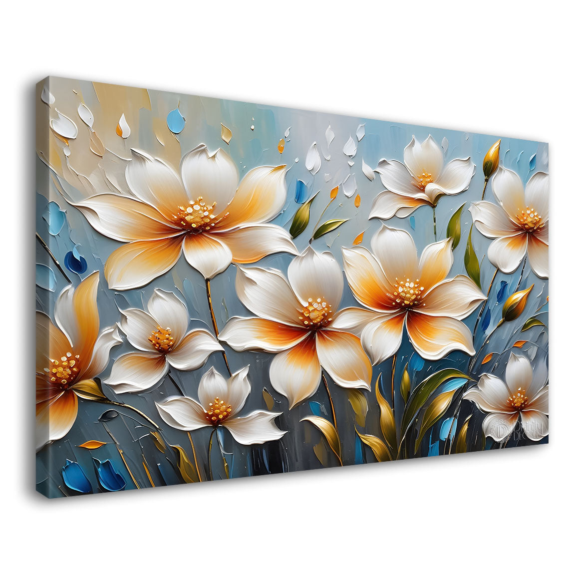 White flowers with blue textured background painting- Design - Flower-107