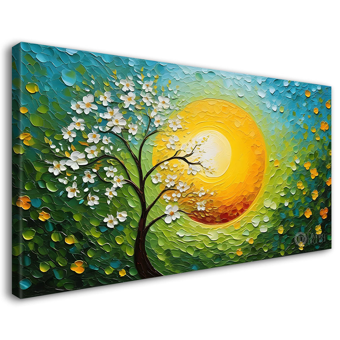 White flower tree in textured background oil painting - Design - Tree-107