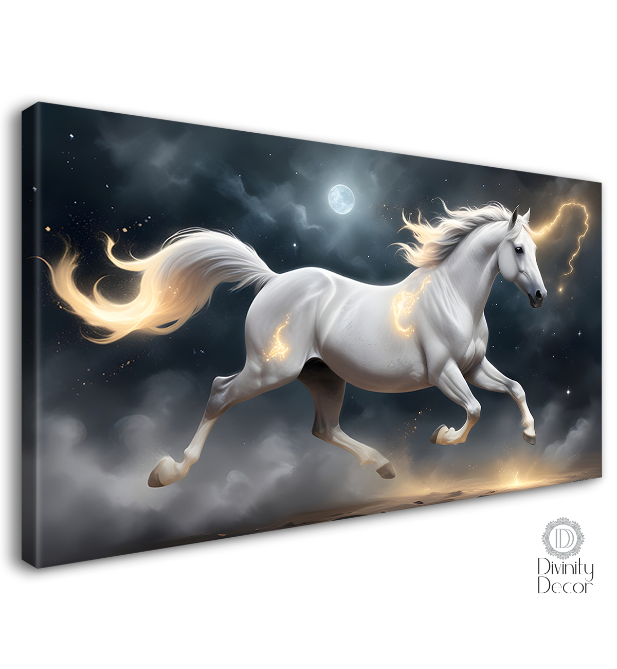 White running horse with yellow detailing and moon in dark textured background art Canvas Painting - Design - Horse-108