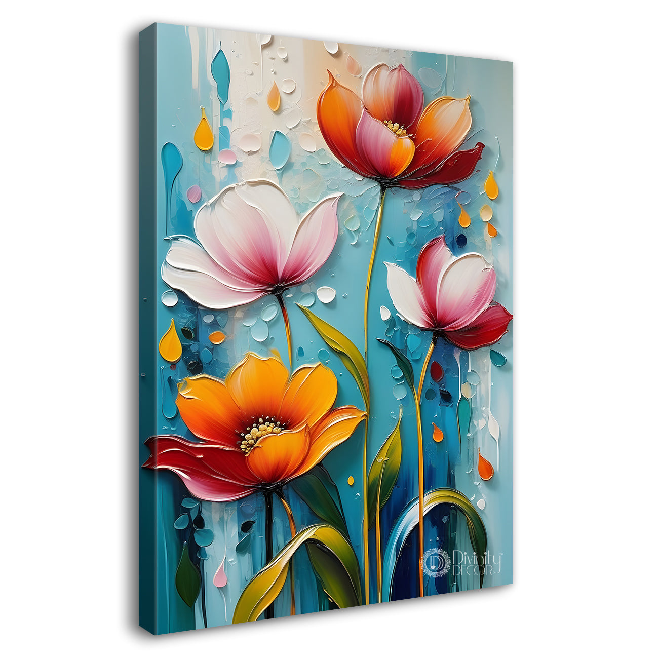 Orange and pink flowers in sky blue textured background painting- Flower-V-108