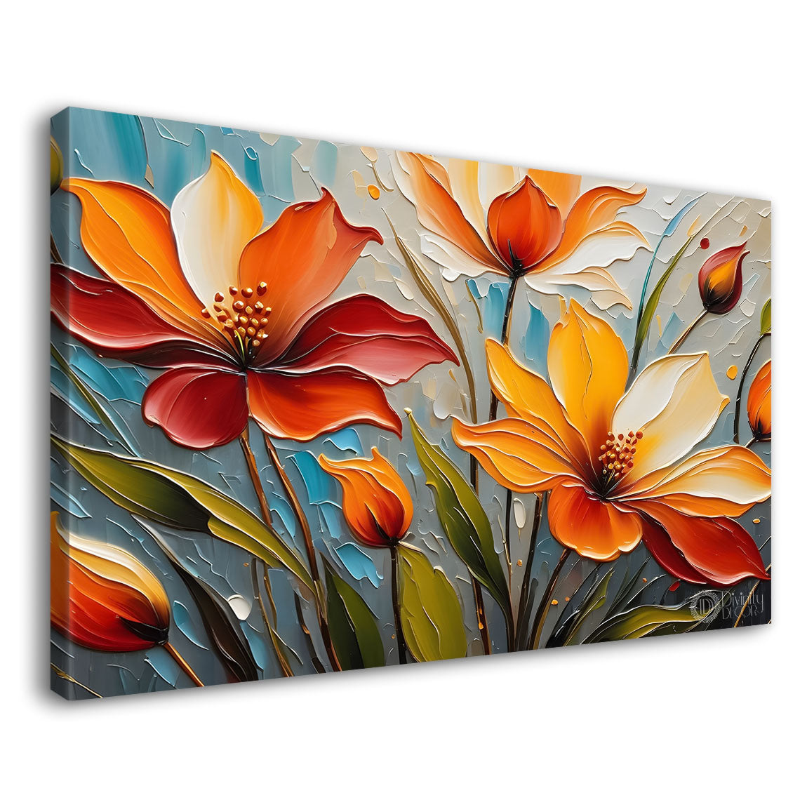 Orange flowers with blue textured background painting- Design - Flower-108