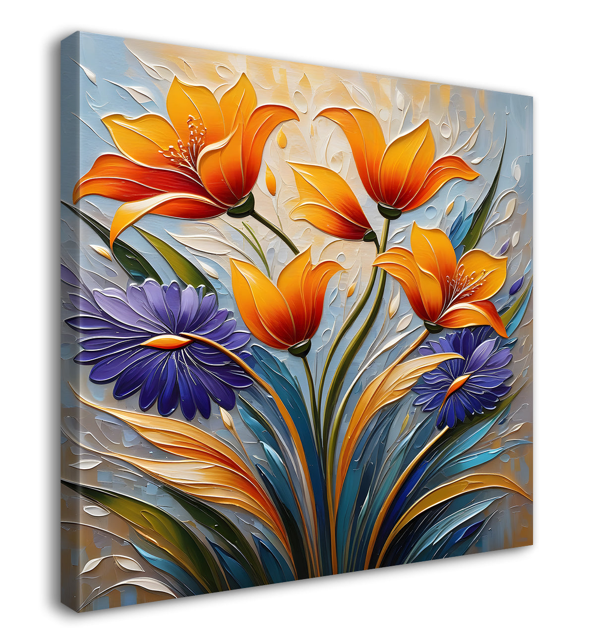 Orange flowers in grey textured painting  - Flower-S-108