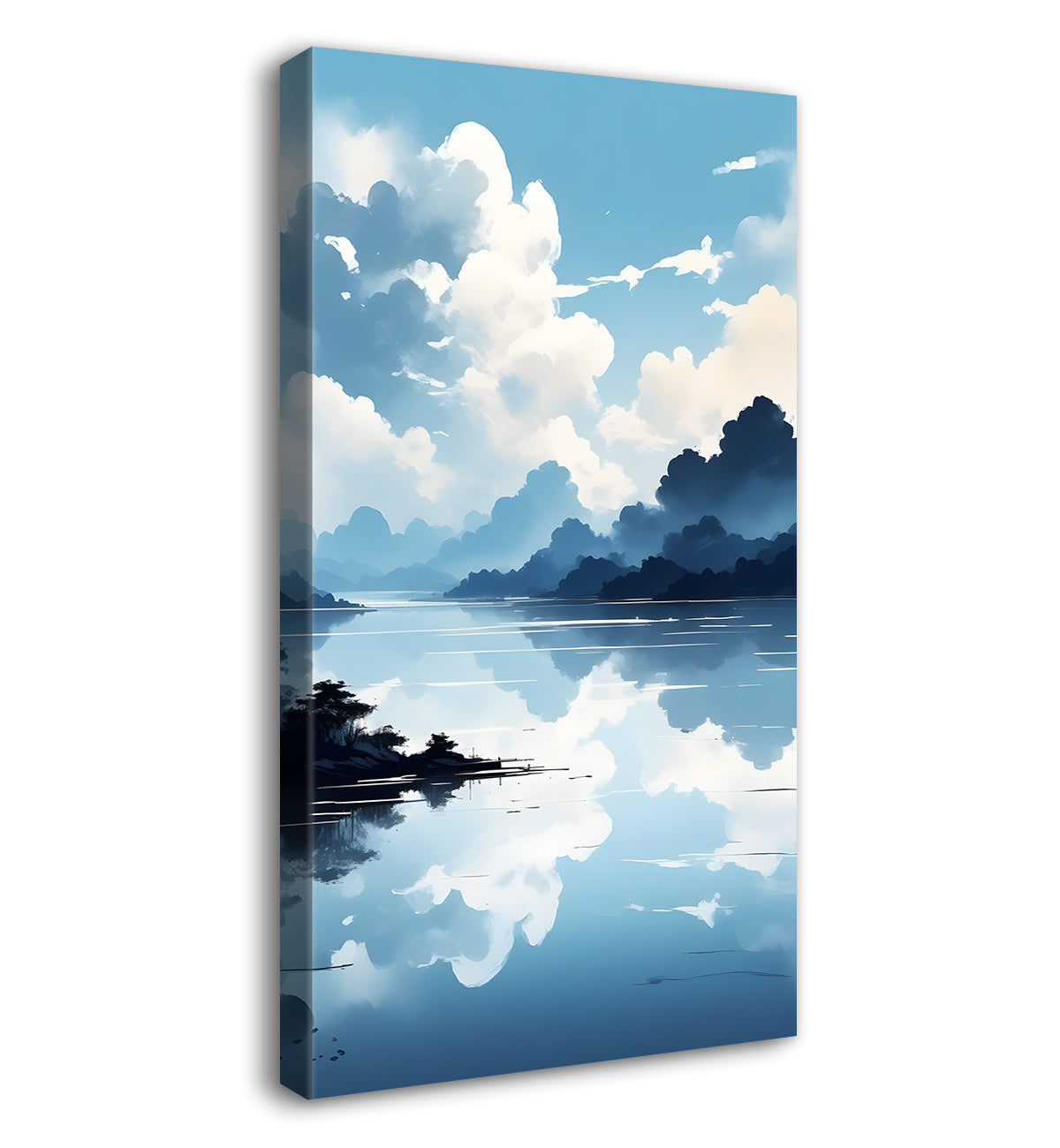 Mountains with river in cloudy sky in textured water colour painting Canvas Painting - Nature Art -V-108