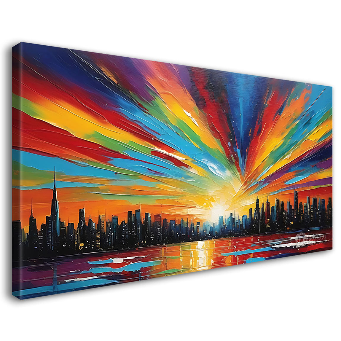 City with colorful sky in textured painting Canvas Painting - Nature Art -108