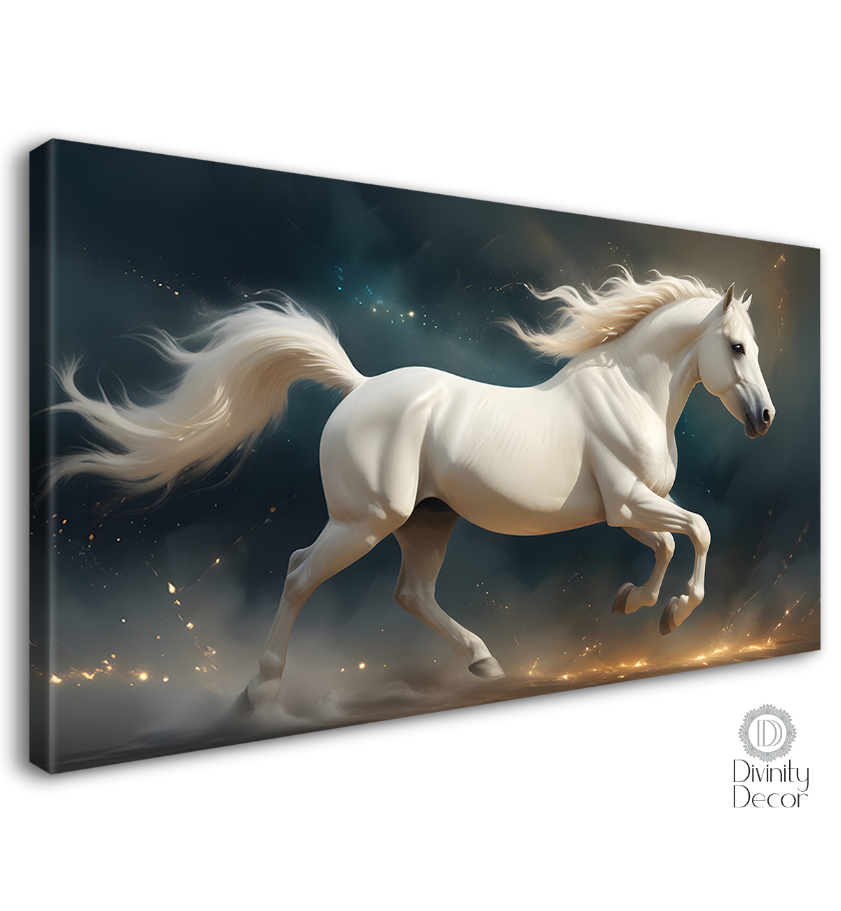 White running horse with yellow detailing in dark textured background art Canvas Painting - Design - Horse-109