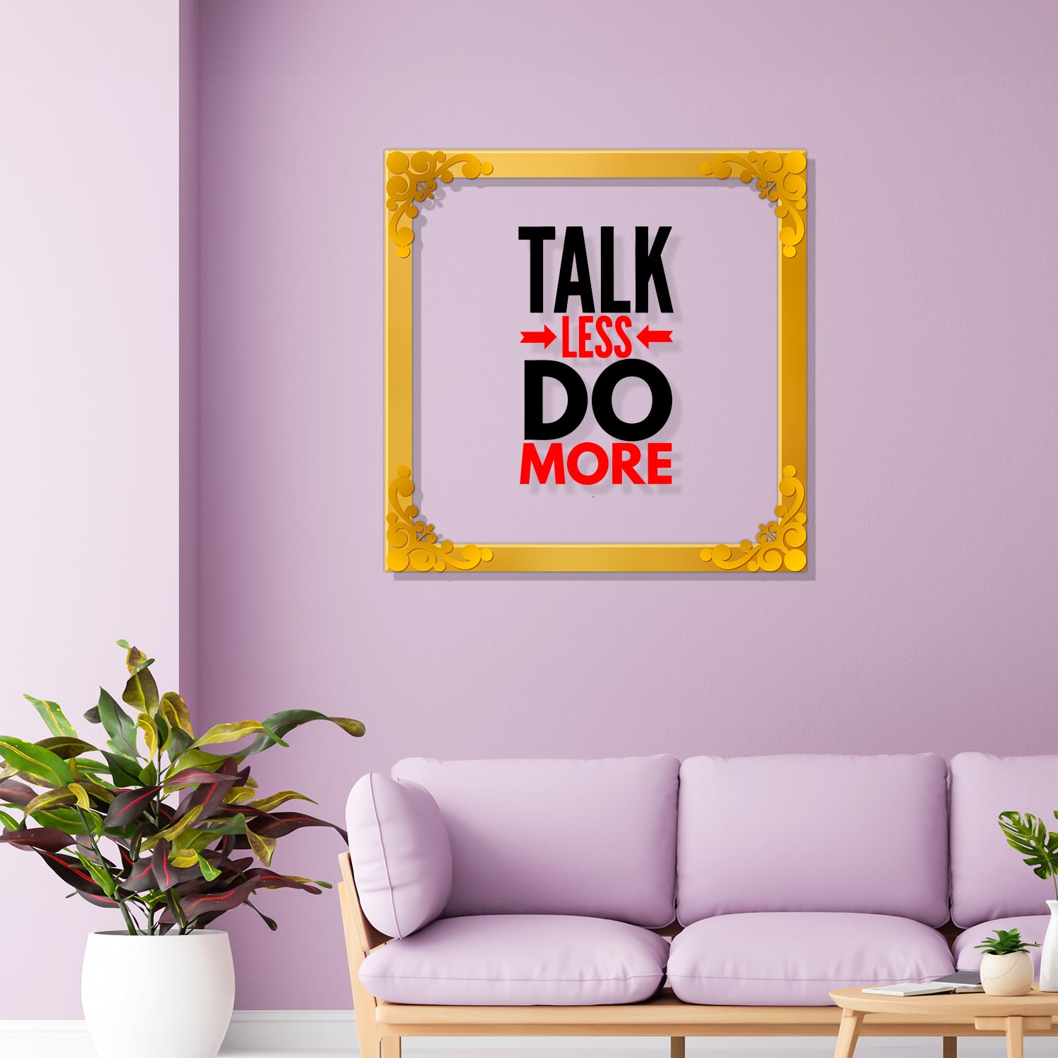 Talk less do more Golden Plaque for Gifting, Wall Decor Clear UV print with Golden Border-109
