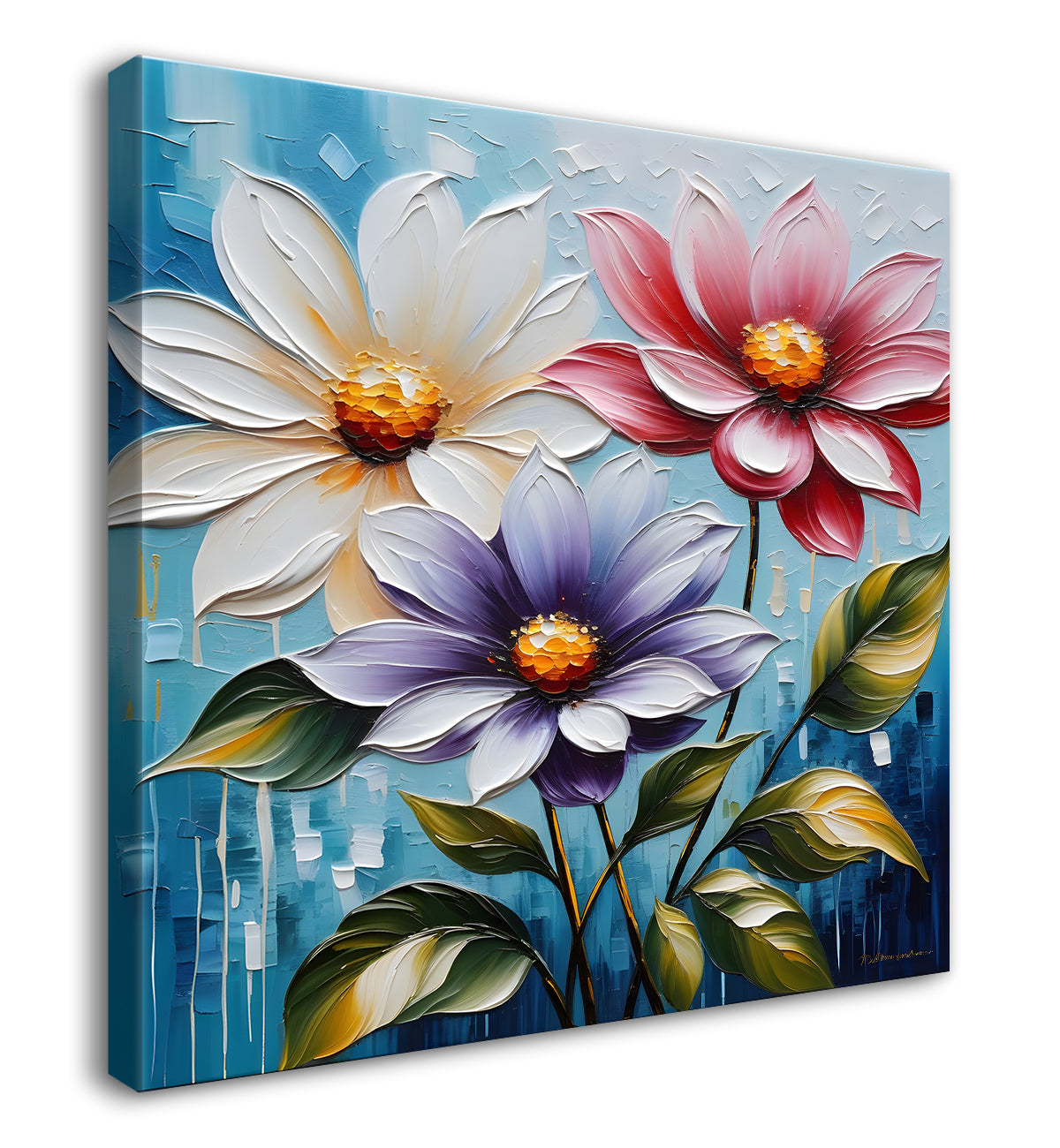 Colourful flowers in blue textured painting - Flower-S-109