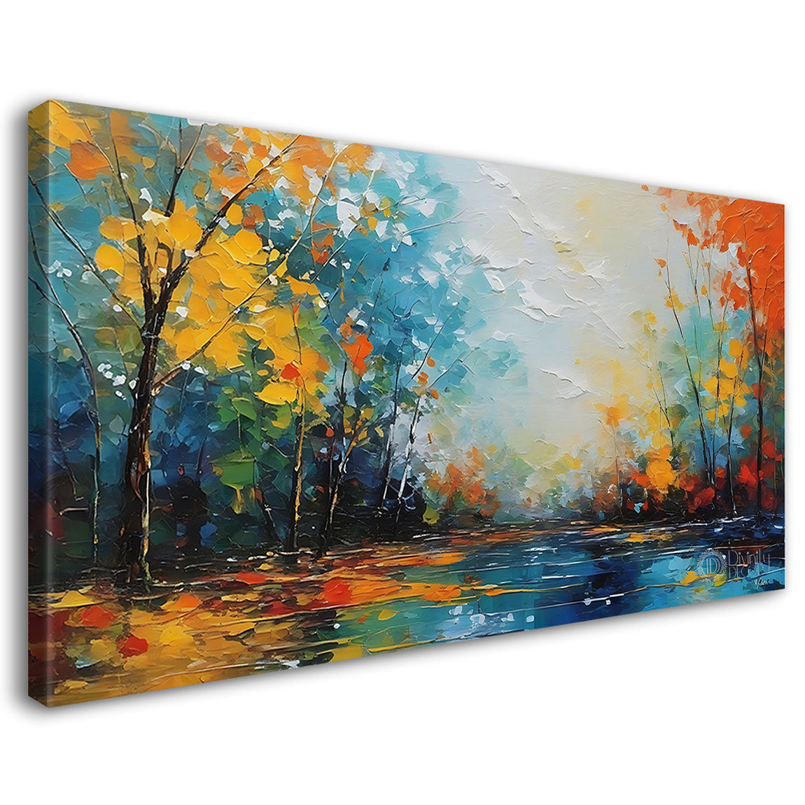 Yellow trees with lake in textured painting Canvas Painting - Nature Art -109