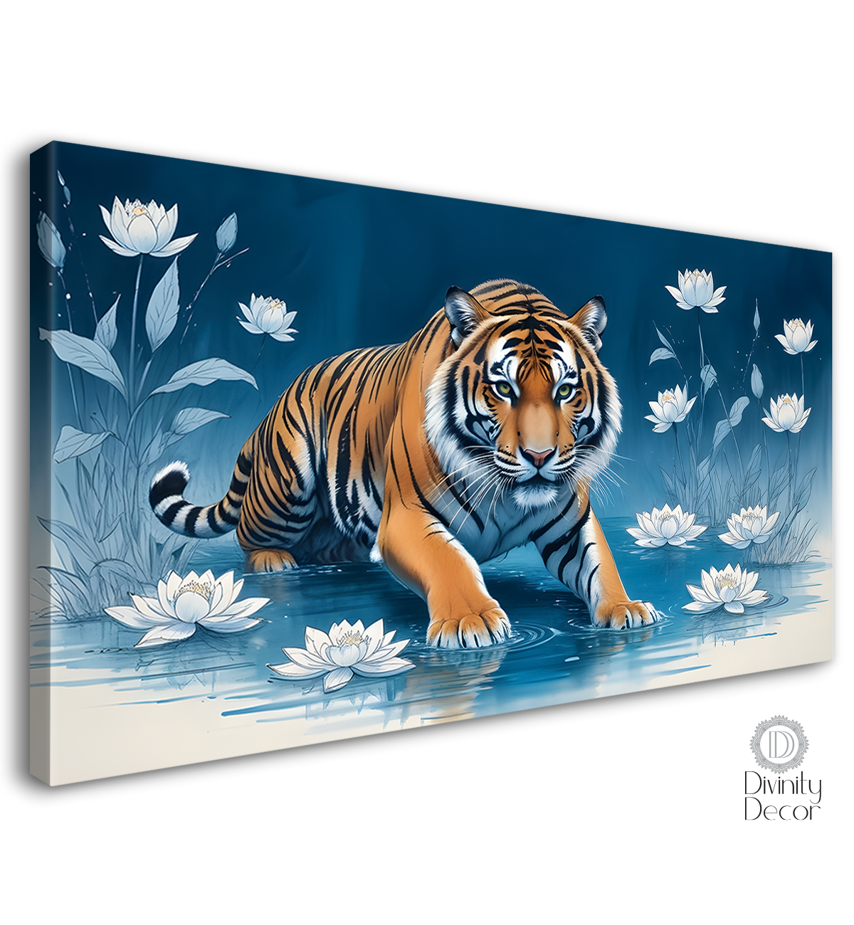 Tiger with white flowers in blue textured art.- Design - Animal -109