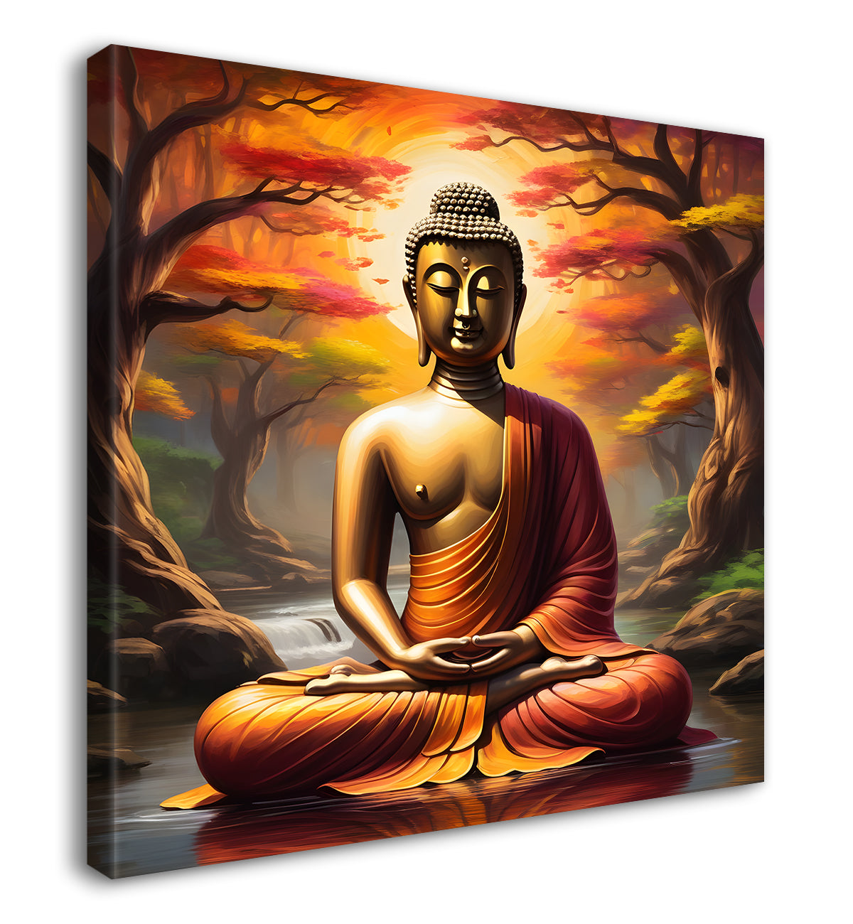 Golden Buddha Sitting under the tree in forest Painting 24x24 inch Buddha-S-109