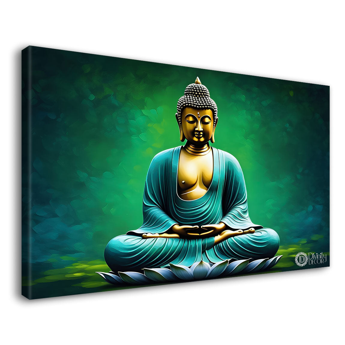 Golden buddha in green textured painting Canvas Wall Painting - Buddha-109