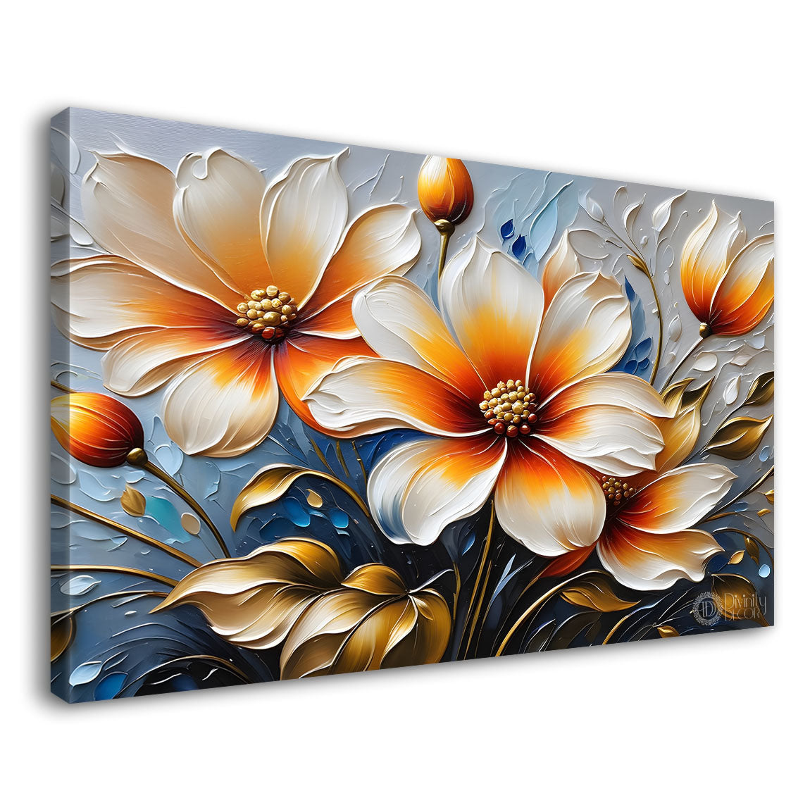 White flowers with blue textured background painting- Design - Flower-109