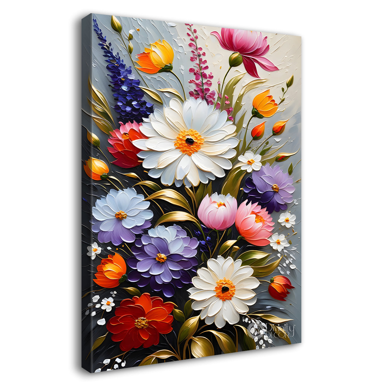 Colourful flowers in grey textured background painting- Flower-V-109
