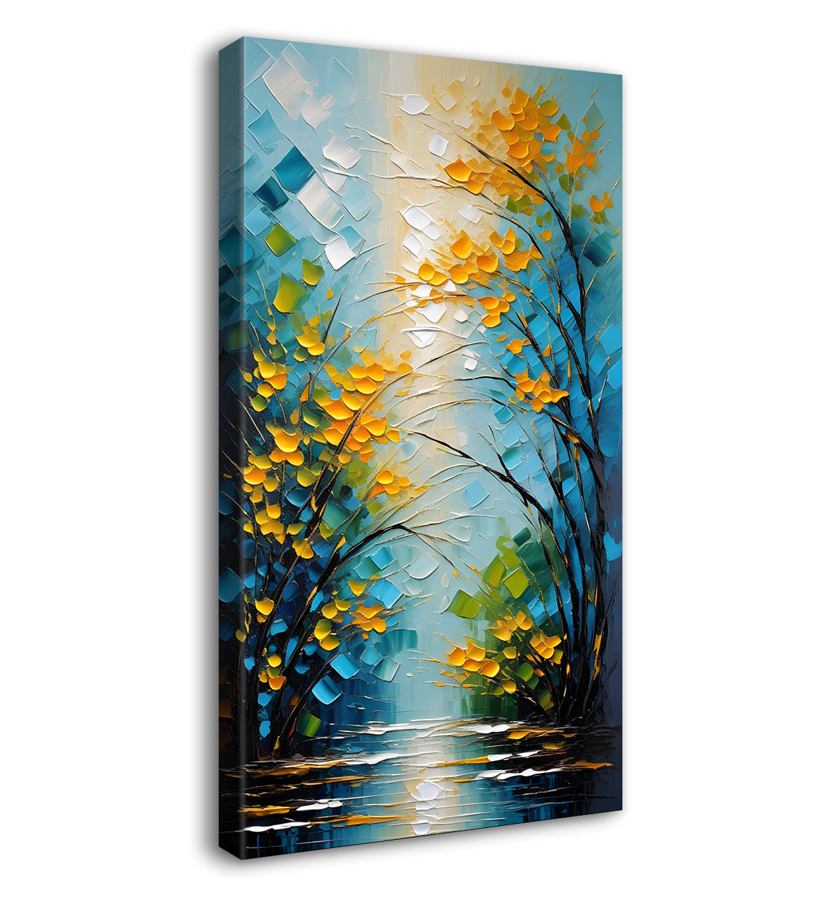 Yellow textured tree with lake in textured natural art Canvas Painting - Nature Art -V-10