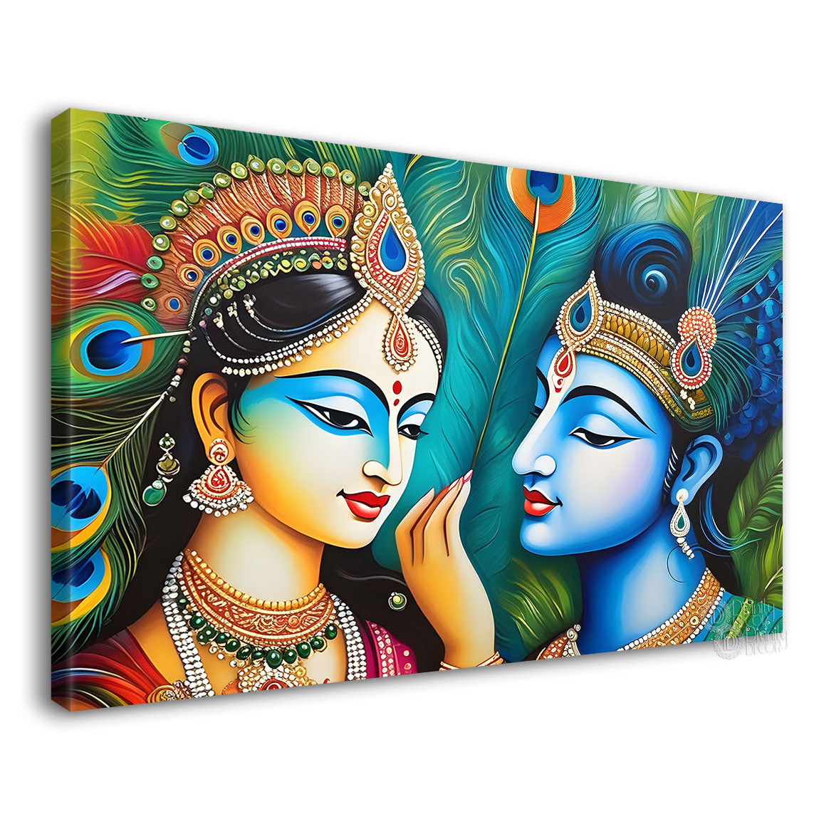 Blue face Krishna and Radha with peacock feather painting Canvas Painting - Design - Krishna-10