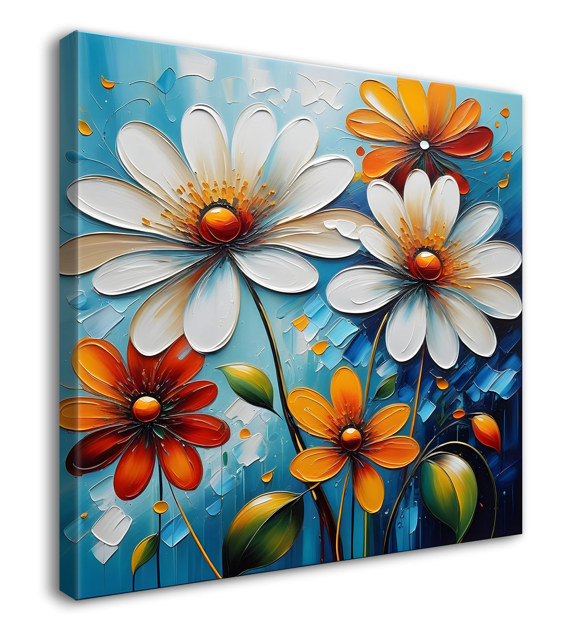 White and orange flowers in blue background textured painting  - Flower-S-10