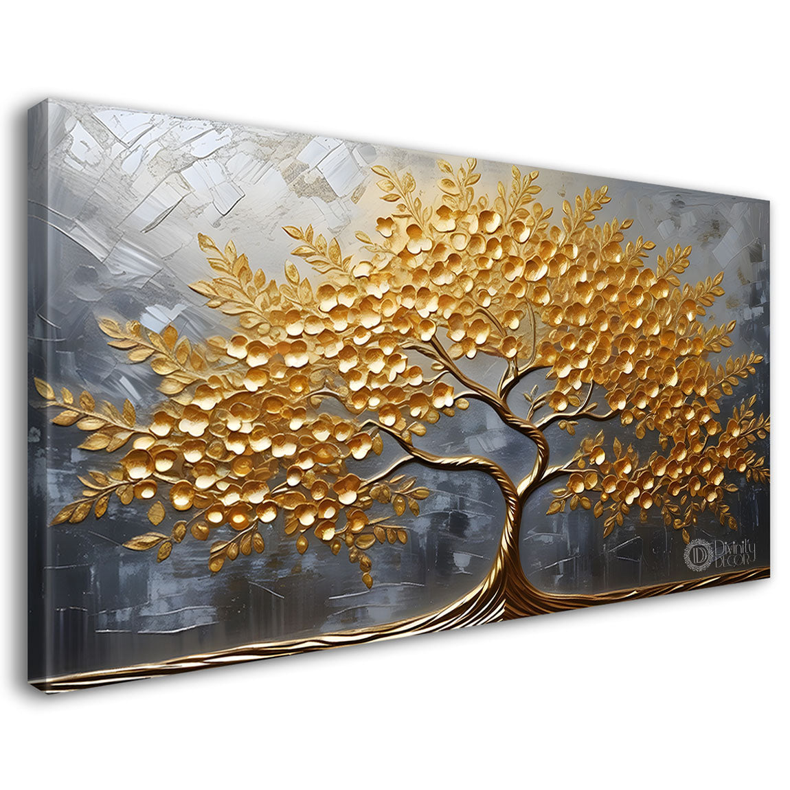 Golden tree in grey textured background modern art Canvas Painting - Design - Tree-10