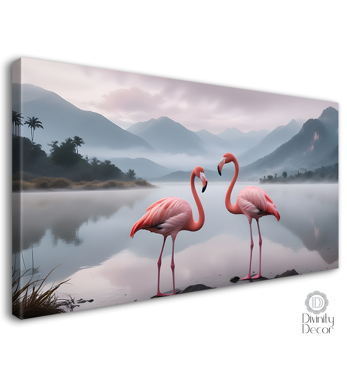 Two pink Flamingo with sea and mountains in pink background textured art.- Design - Animal -10