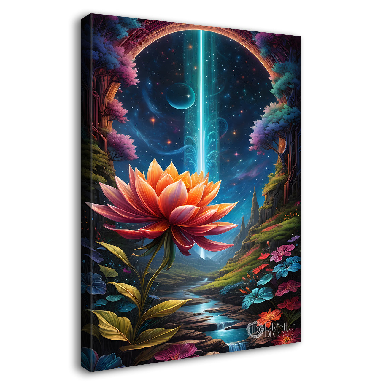 Lotus flower with cosmic ray in dark textured painting - Flower-V-10
