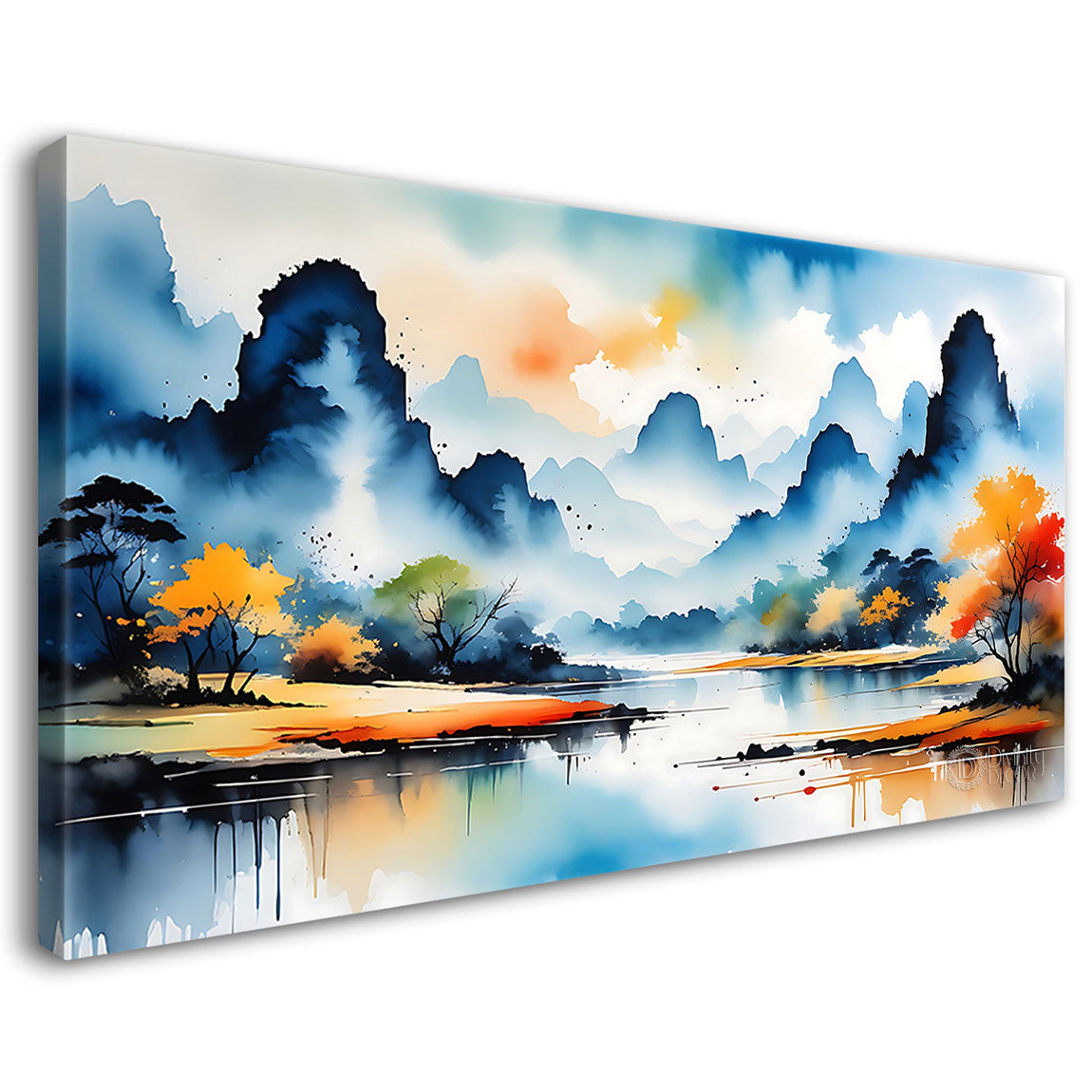 Mountains with lake and orange trees in textured water color painting Canvas Painting - Nature Art -10