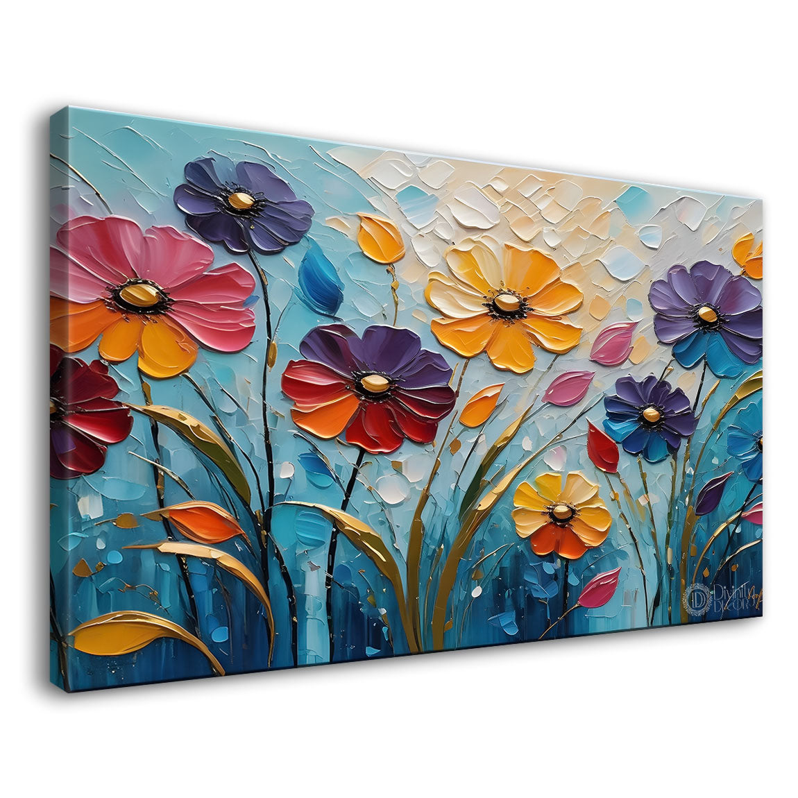 Colorful flowers textured painting with blue background - Design - Flower-10