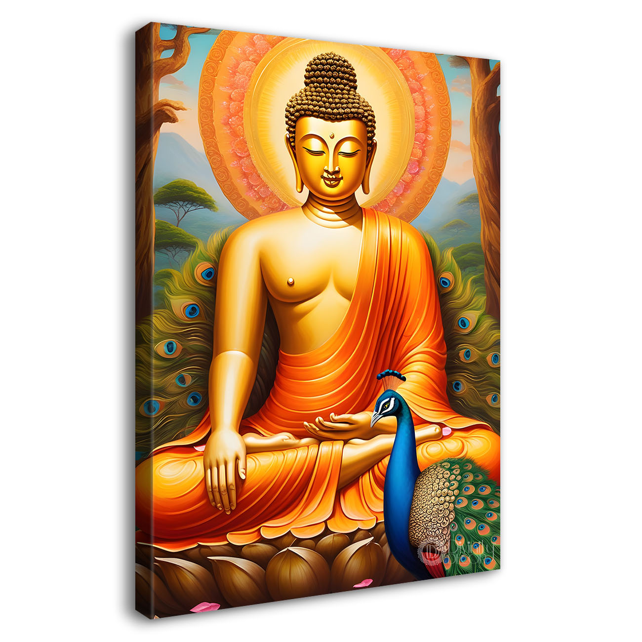 Golden buddha with orange chakrabackground textured painting- Buddha-V-10