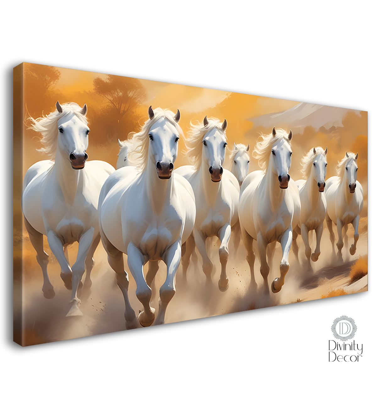 White horses running in yellow textured background art Canvas Painting - Design - Horse-11