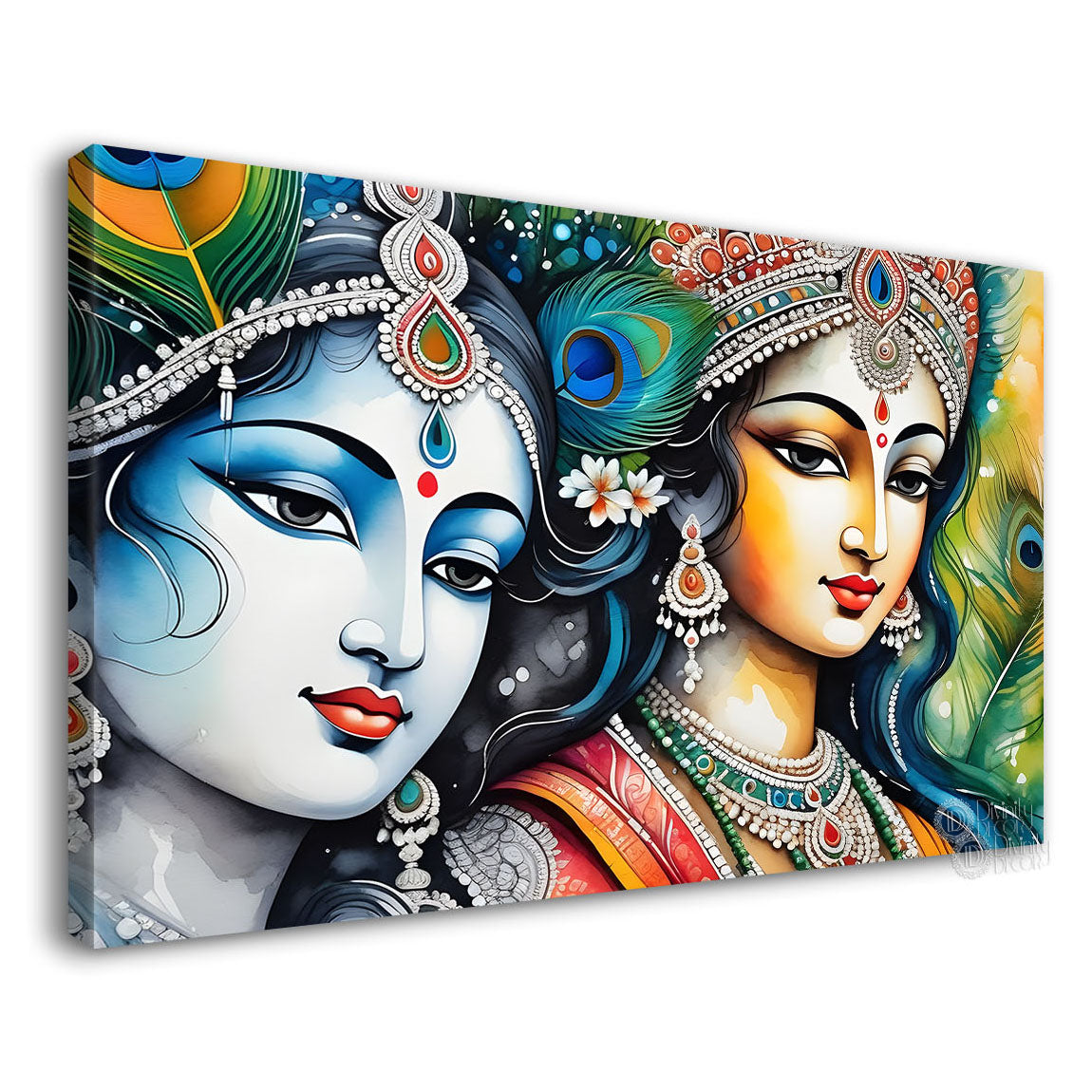 Blue face of Krishna and Radha with peacock feathers painting Canvas Painting - Design - Krishna-110
