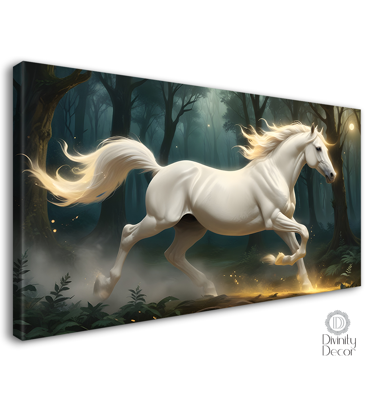 Grey running horse with yellow detailing and trees in textured background art Canvas Painting - Design - Horse-110