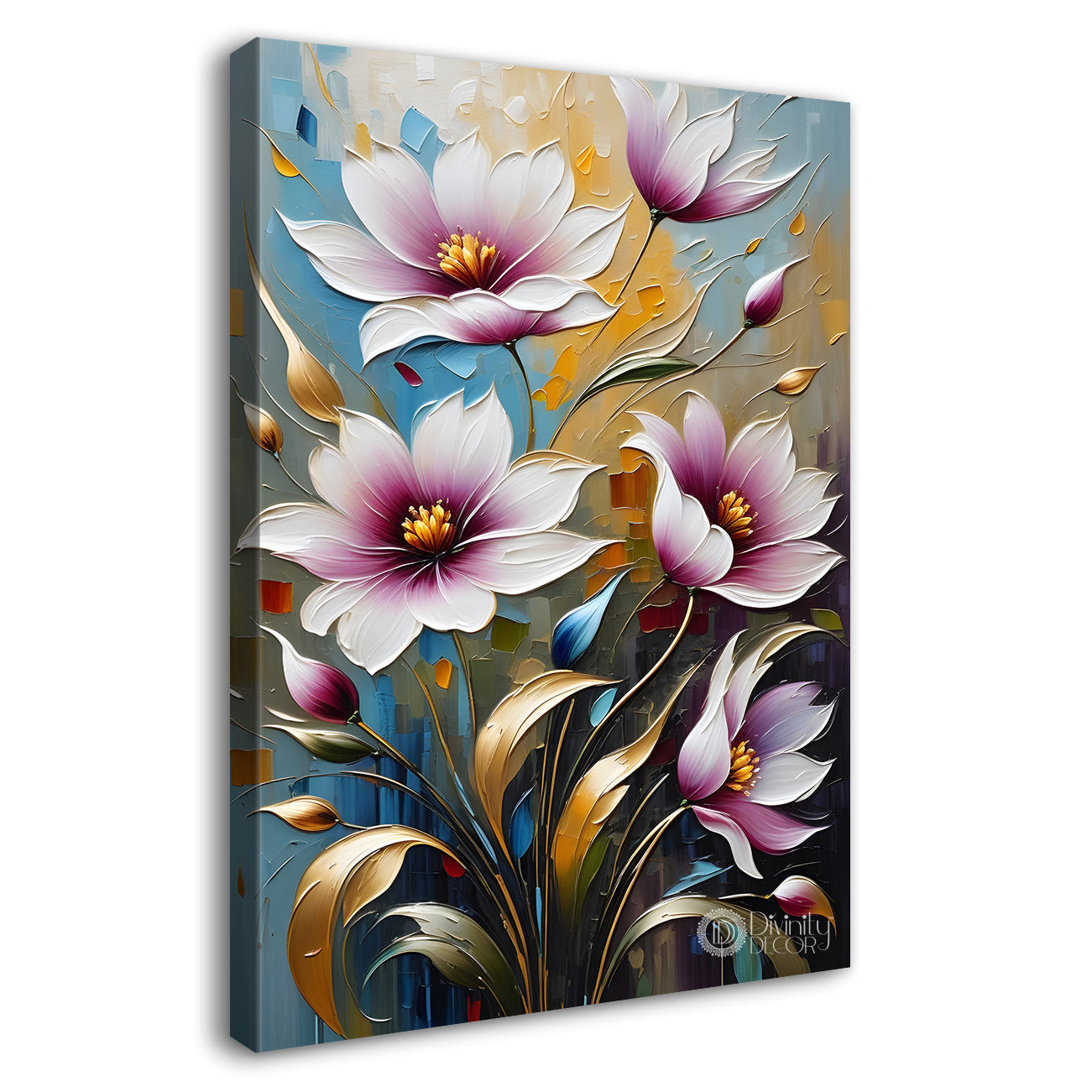 Purple flowers in grey textured painting- Flower-V-110