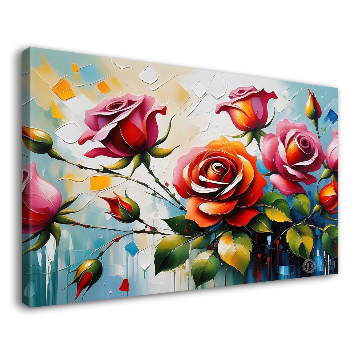 Pink roses with blue textured background painting- Design - Flower-110