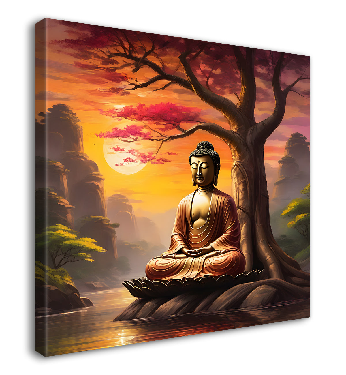 Lord Buddha Sitting under tree sunrise painting 24x24 inch Buddha-S-110