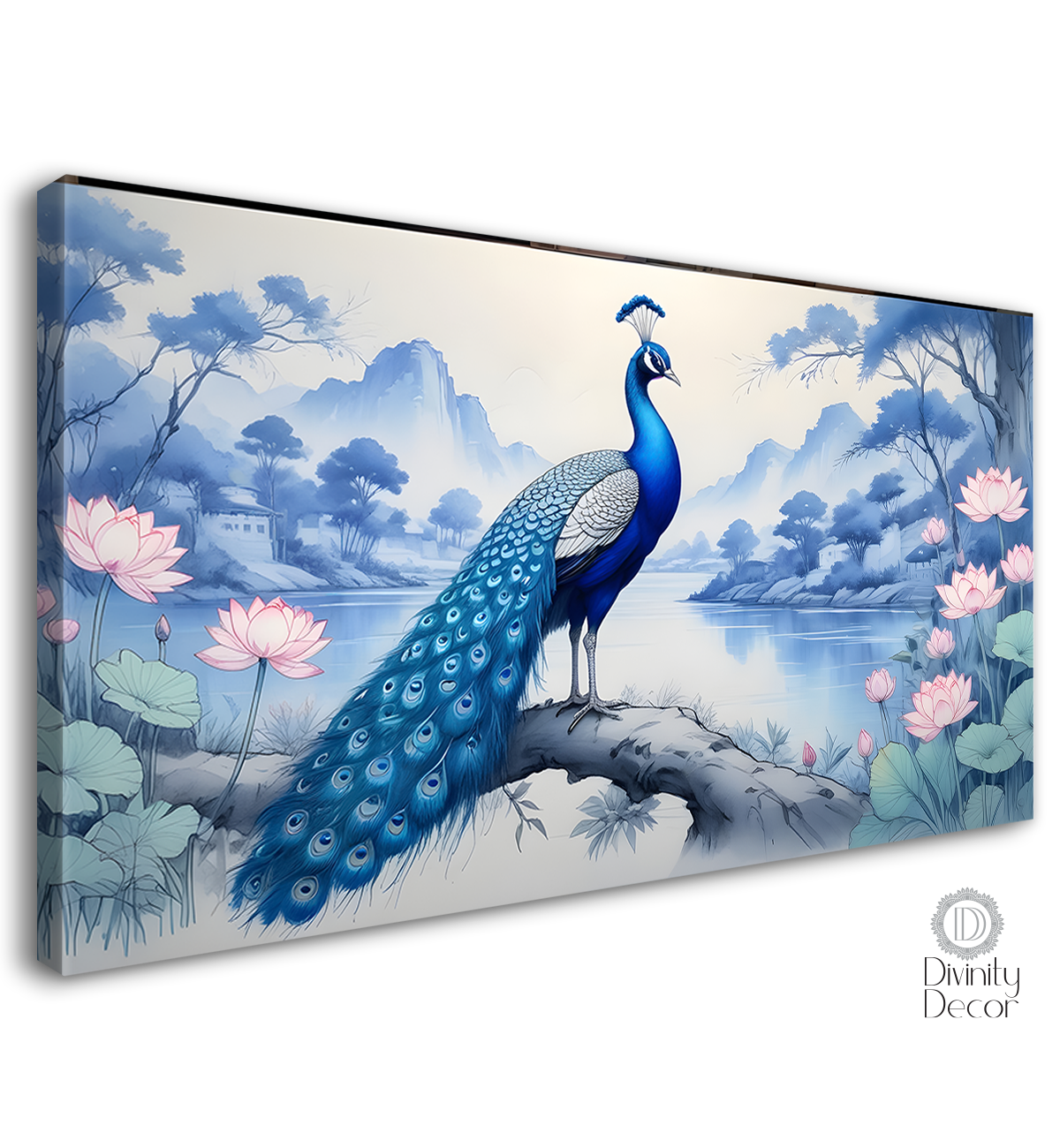 Peacock on the branch with pink flowers and village background textured art. - Design - Animal -110