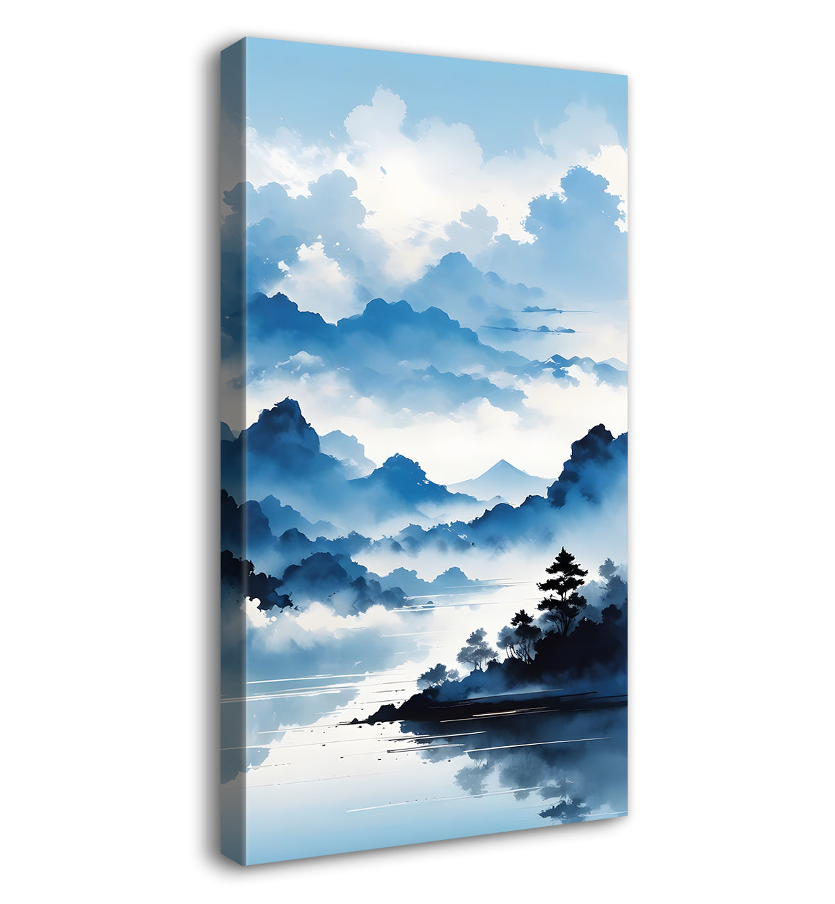 Mountains with river in cloudy sky in textured water colour painting Canvas Painting - Nature Art -V-110