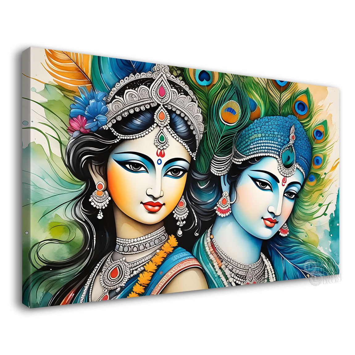 Blue face of Krishna and Radha with peacock feathers painting Canvas Painting - Design - Krishna-111
