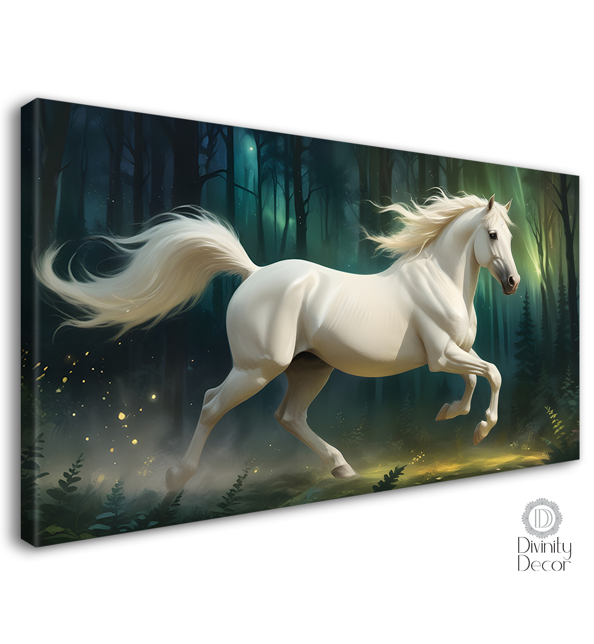 Grey running horse with trees in green textured background art Canvas Painting - Design - Horse-111
