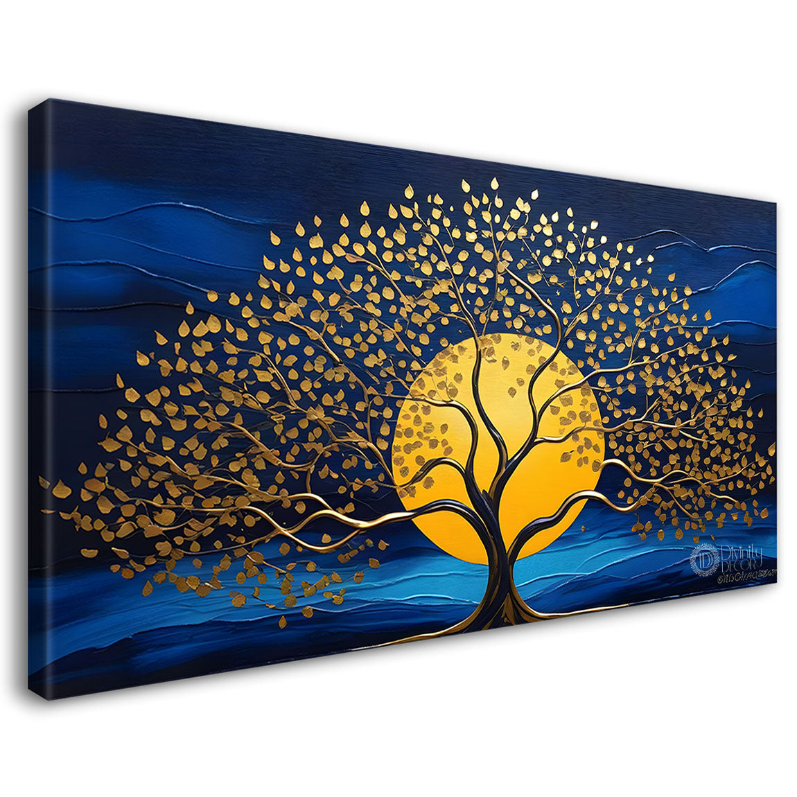 Golden tree in dark blue textured background modern art - Design - Tree-111